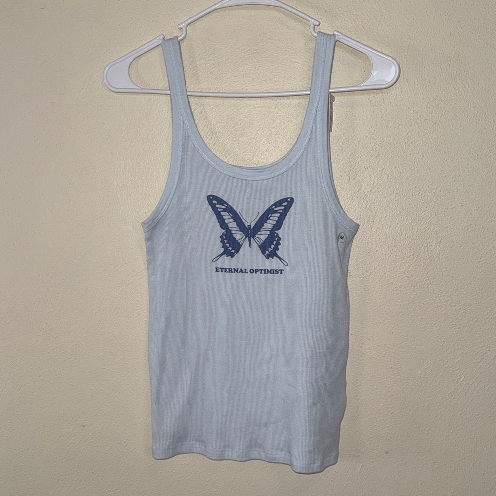 American Eagle Outfitters Ribbed Light Blue Butterfly Tank Top Size M New